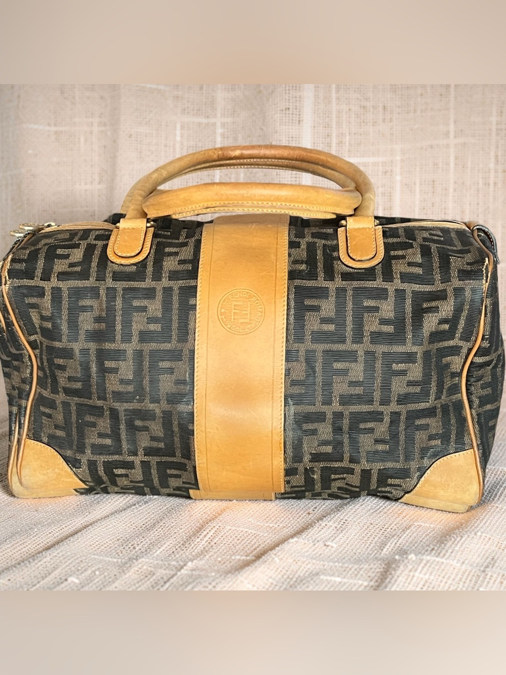 Fendi Vintage Zucca FF Monogram Mini Boston Satchel Bag Brown Canvas Leather